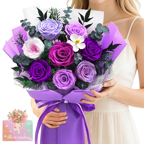 Forever Rose Flowers for Delivery, 8-Piece Preserved Roses Bouquet Birthday Gifts for Women, Long Lasting Purple Roses with Gift Box for Mom, Forever Flowers with Vase for Her Wife Girlfriend
