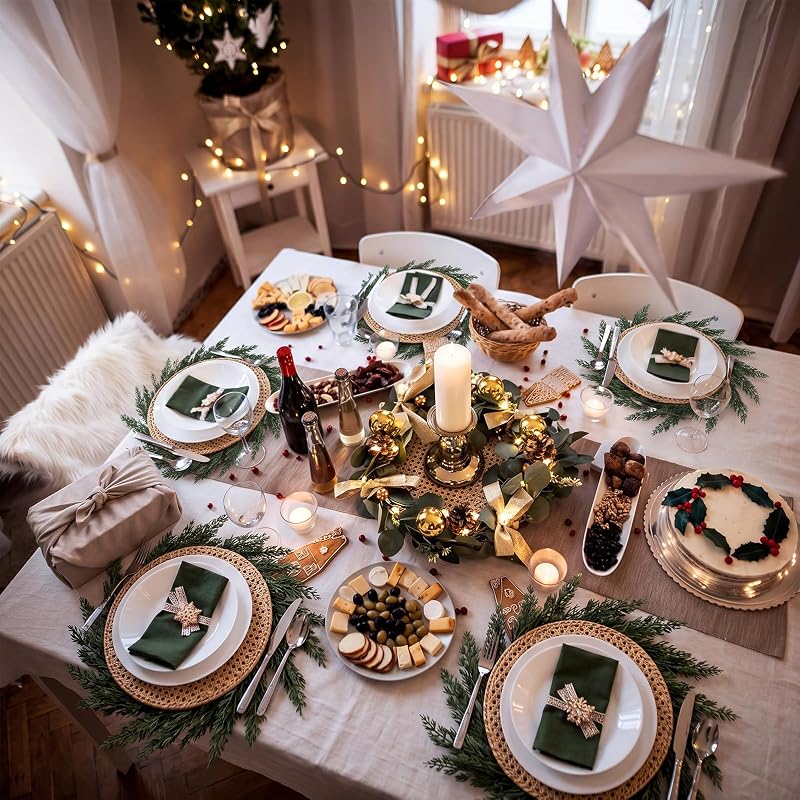 Christmas Placemat Set of 6 Artificial Pine Needle Wreath Round Mats – 26cm Center 40cm Edge, 6+ Soft Pine Needles