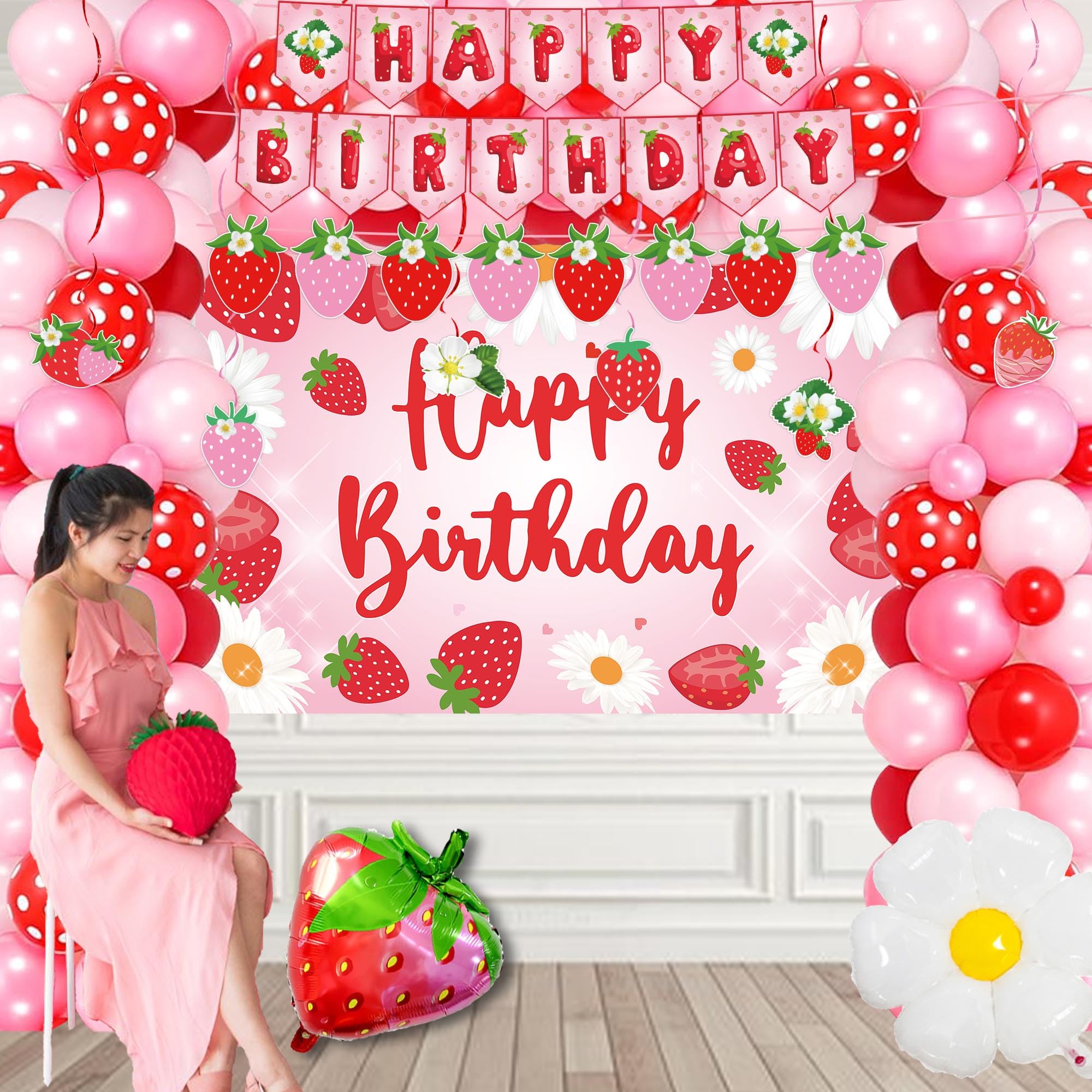 ZOYVUX Strawberry Birthday Decorations, Berry Party Decorations Including Balloon Arch Banner, Tablecloth, Backdrop, Cake Topper, Balloons, Hanging Swirls, Plates, Cups For Strawberry Themed Party