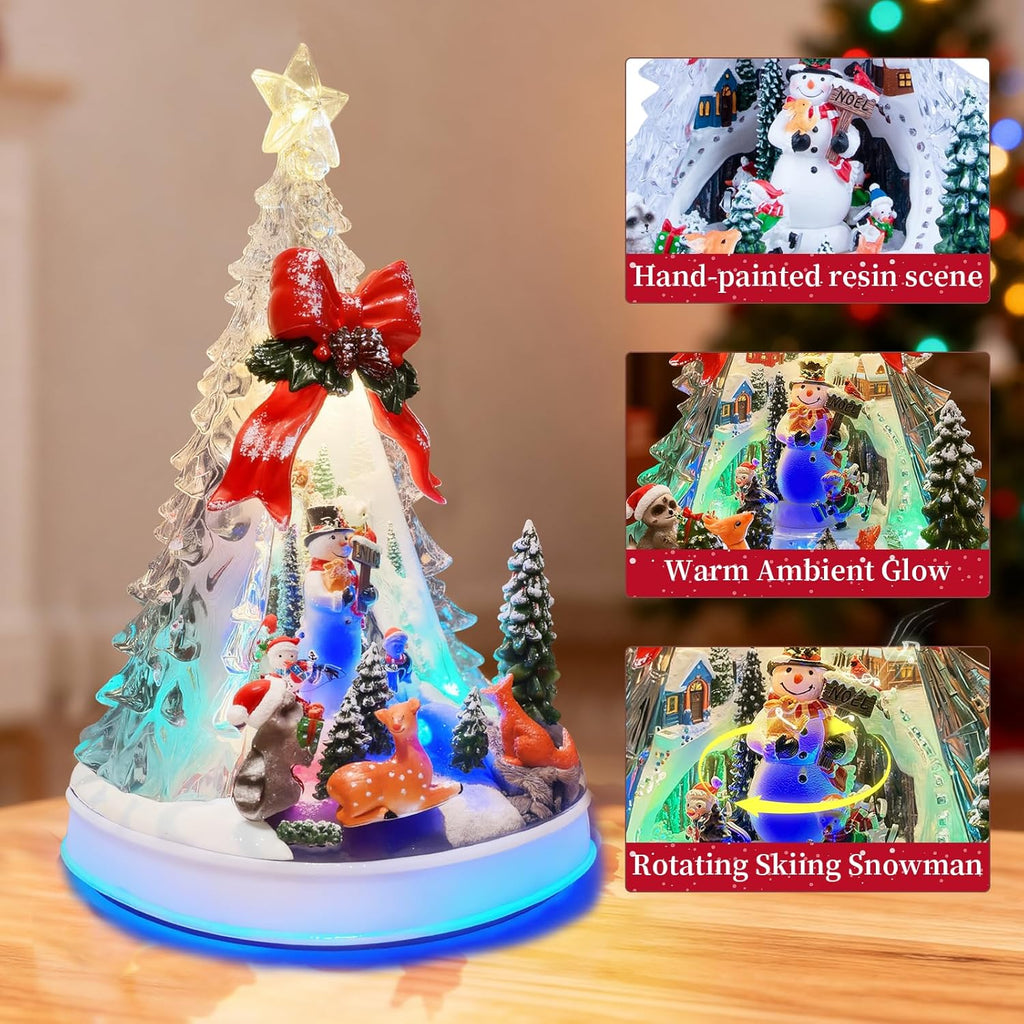Skiennix 12.8" Animated Christmas Village Crystal Tree - Rotating Skiing Snowman, Lights & 8 Melodies