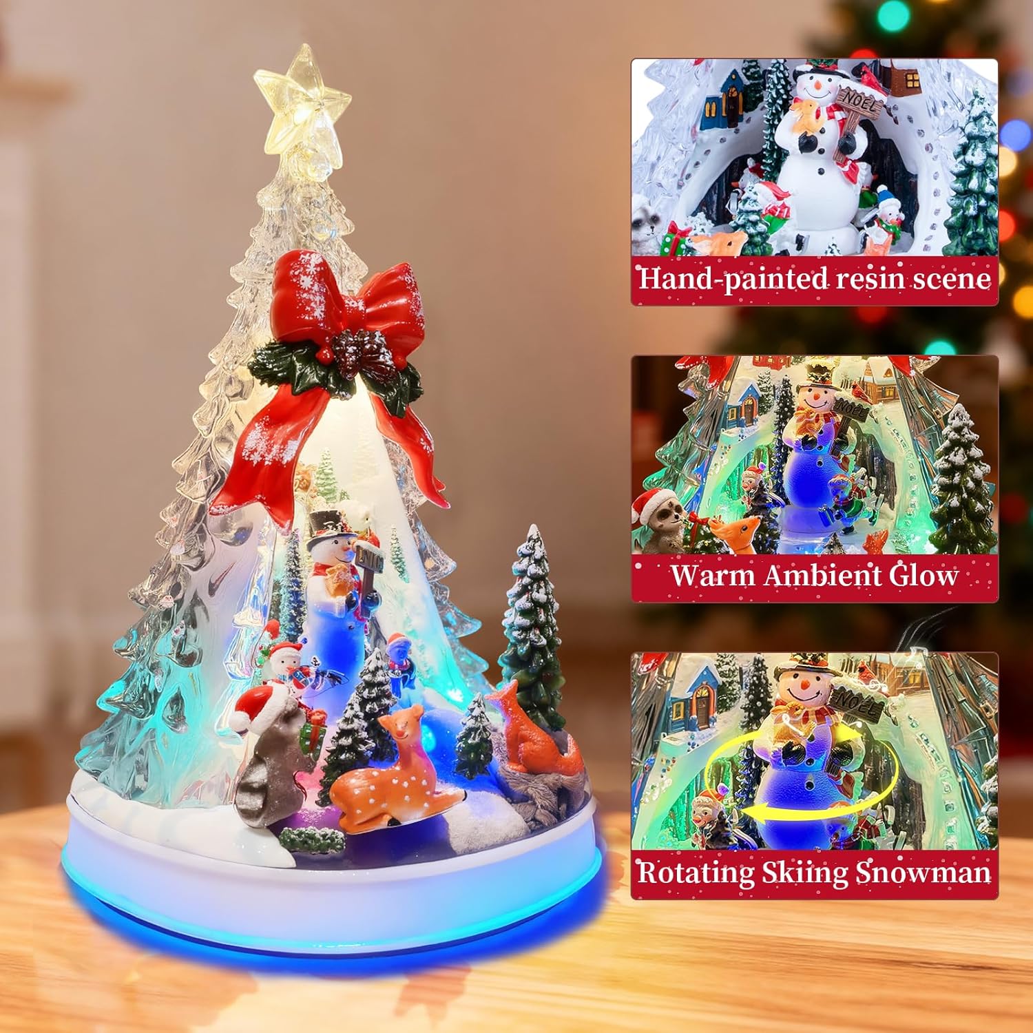 Skiennix 12.8" Animated Christmas Village Crystal Tree - Rotating Skiing Snowman, Lights & 8 Melodies