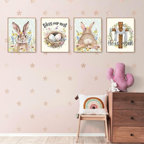LARTSFRO Easter Decor - Bunny Egg Wall Art Prints | Happy Easter Nursery Decor, 10x8 Inch Set of 4 Unframed