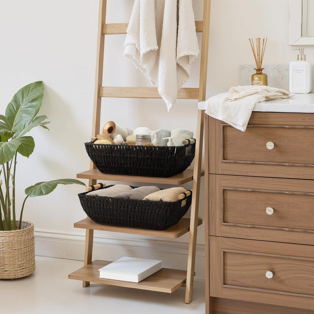StorageWorks Large Wicker Storage Baskets - Stylish Organizing Solution with Wooden Handles | Black, 2-Pack