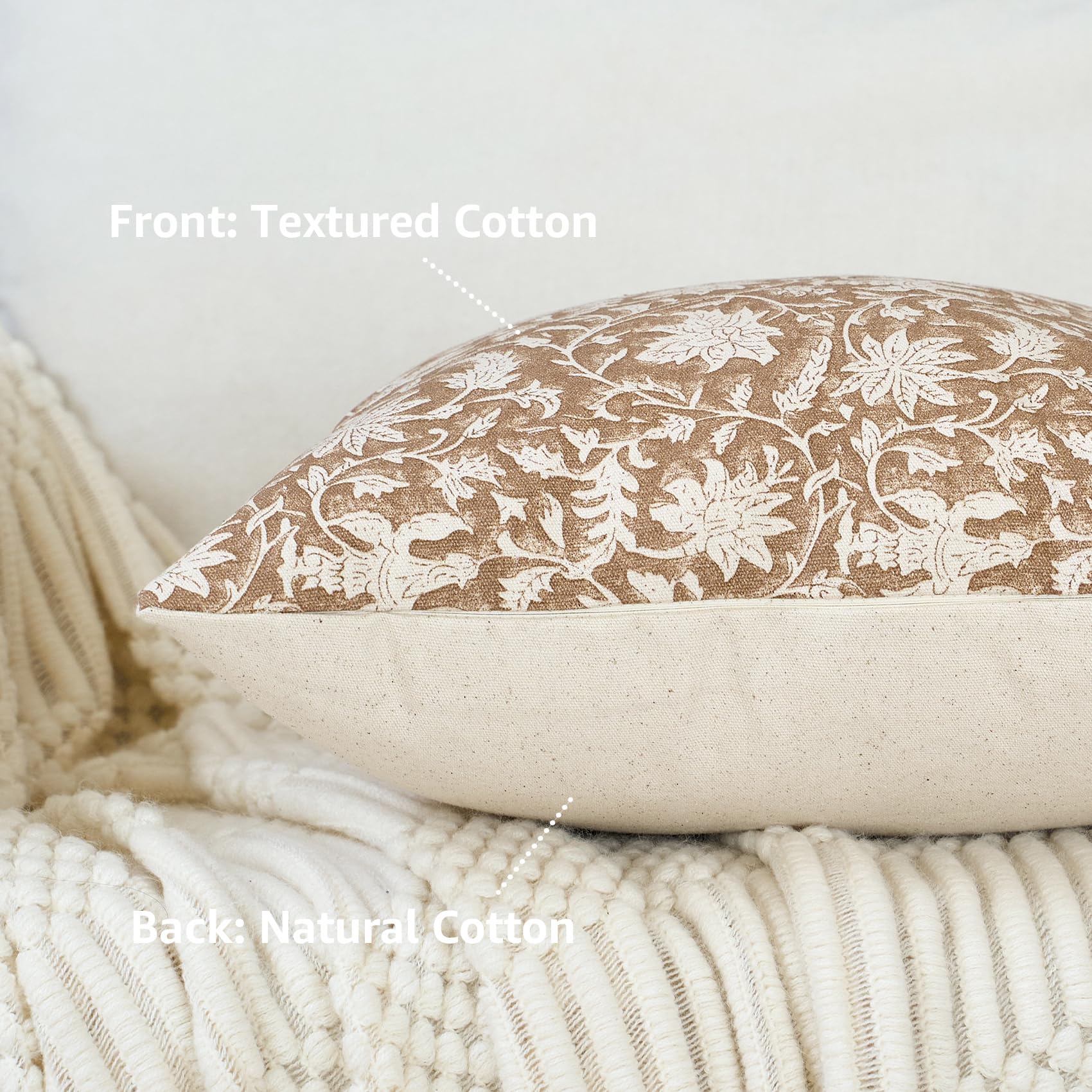 FIOUOVO Floral Throw Pillow Covers 18x18 Farmhouse Block Print Pillow Covers Decorative Pillow Covers Couch Pillows for Living Room Vintage Accent Sofa Pillows Set of 2, Neutral