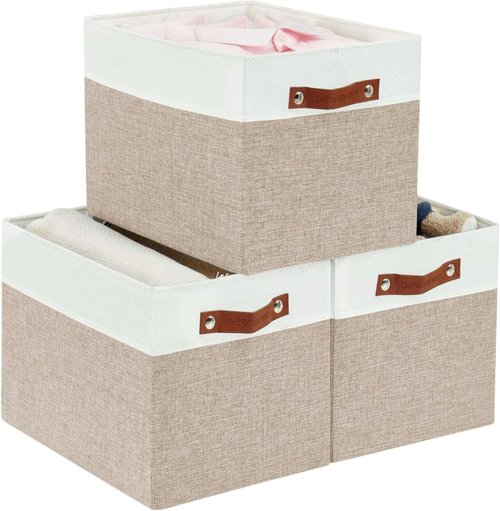 DECOMOMO Kallax Storage Cubes - 13x15x13 Organizing Bins in Beige & White | 3-Pack for Easy Shelving