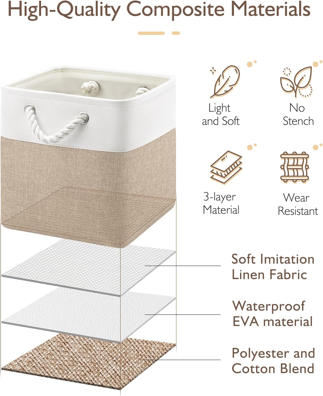 Patvingot 11-Inch Cube Storage Bins - 4 Pack Fabric Organizer Baskets with Rope Handles | White & Khaki