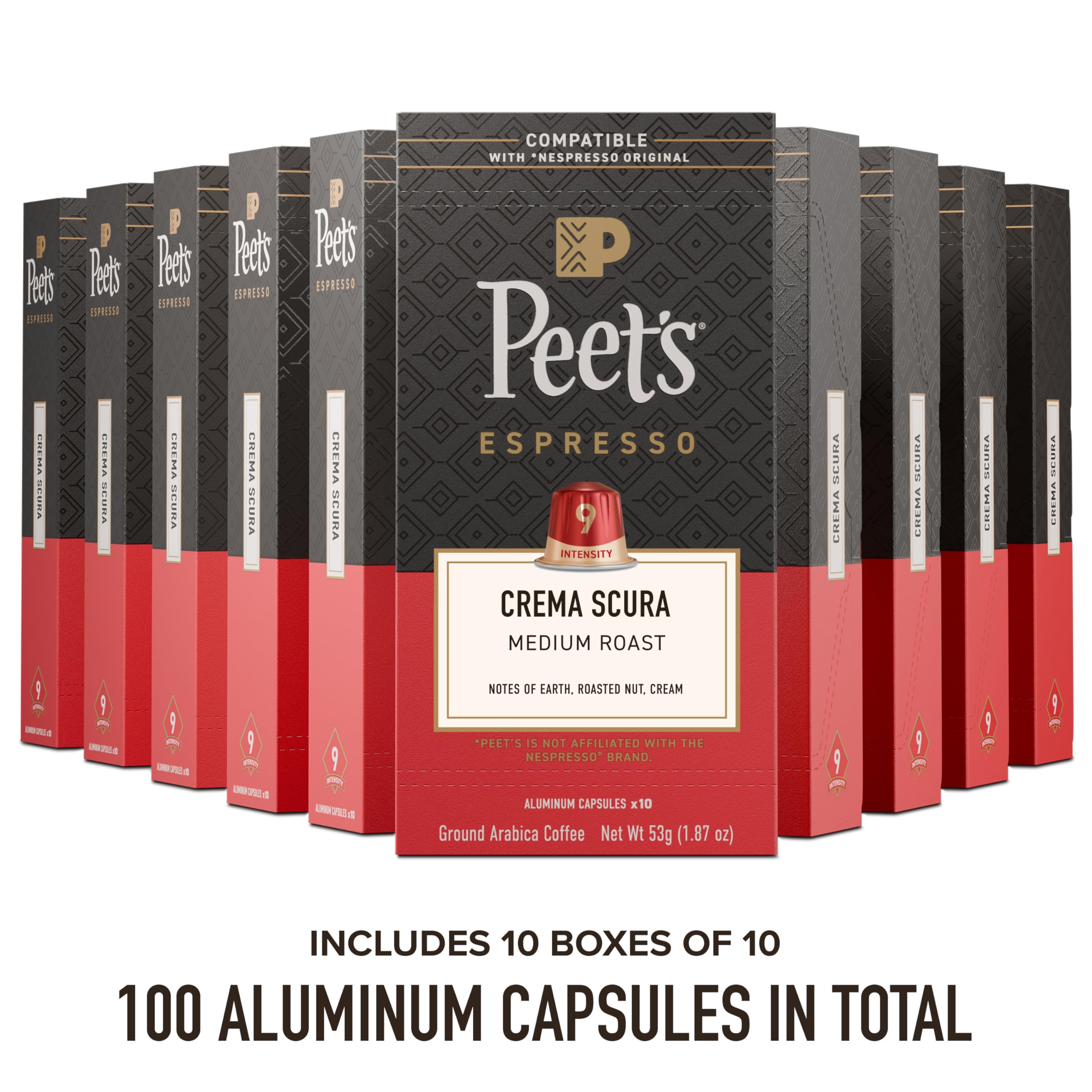 Peet's Coffee, Medium Roast Espresso Capsules, Compatible with Nespresso Original Machine, 100% Arabica Coffee - Crema Scura Intensity 9, 100 Count (10 Boxes of 10 Espresso Capsules)