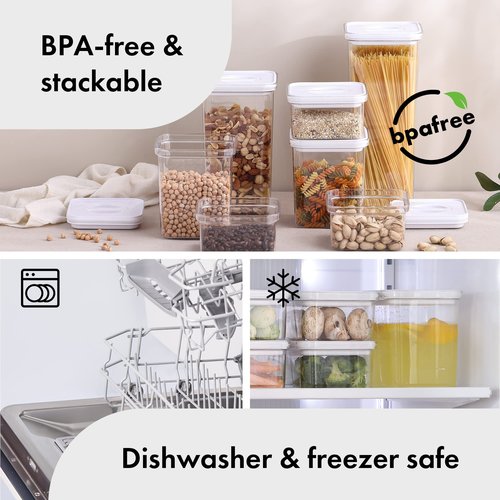 Neoflam Smart Seal 8pc Patent Airtight Kitchen Pantry Canister/Organizer Clear Plastic Container & Simple Twist Lids, 100% Leak Proof, Dishwasher Safe, BPA Free, Cereal, Dry Food Storage Set, White
