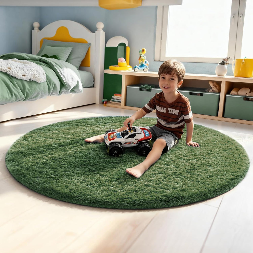 Ophanie Round Rug - 5Ft Grey Green Circle Area Rug | Plush Soft Shaggy Carpet for Kids' Rooms