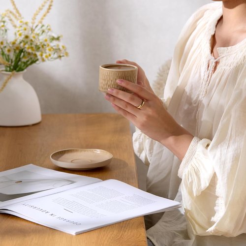 KooK Espresso Mug and Saucer Set - Rustic Ceramic Cups with Feathered Texture | Dishwasher Safe, Set of 4 (5.5 Oz)