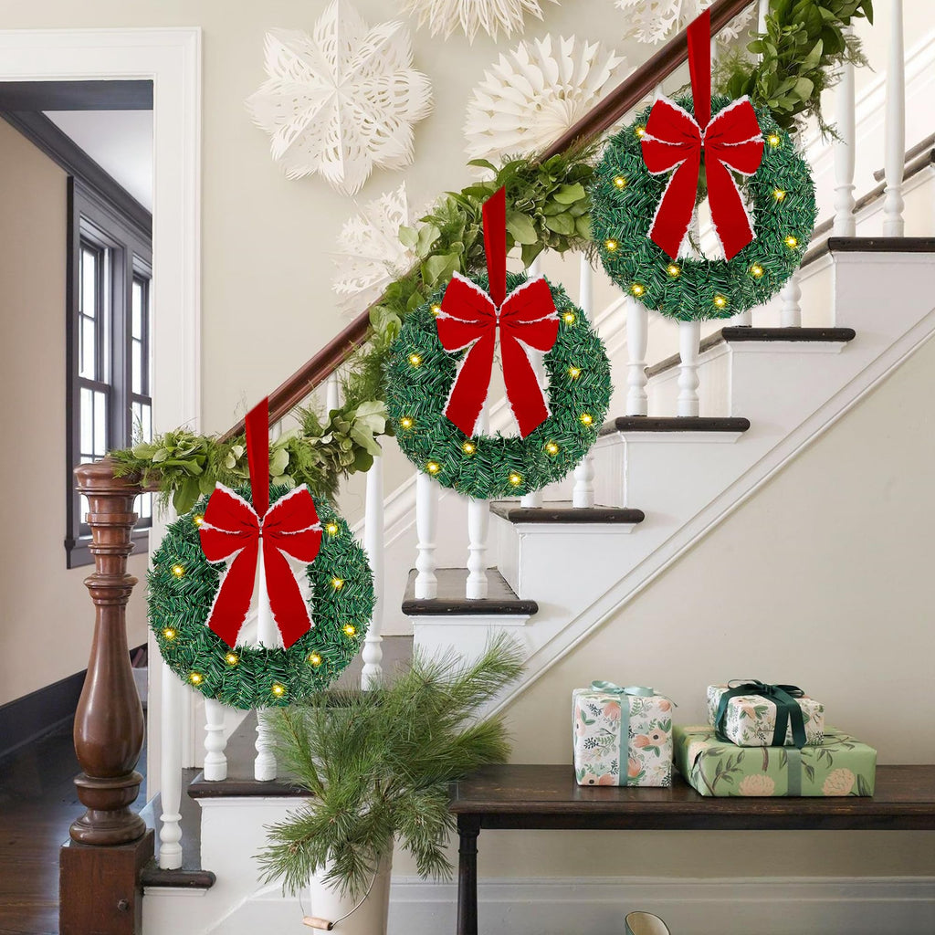 ATDAWN 3 Pack Mini Christmas Wreath, Lighted Christmas Front Door Wreath, Xmas Wreath for Holiday Christmas Party Decorations (Red Bow)