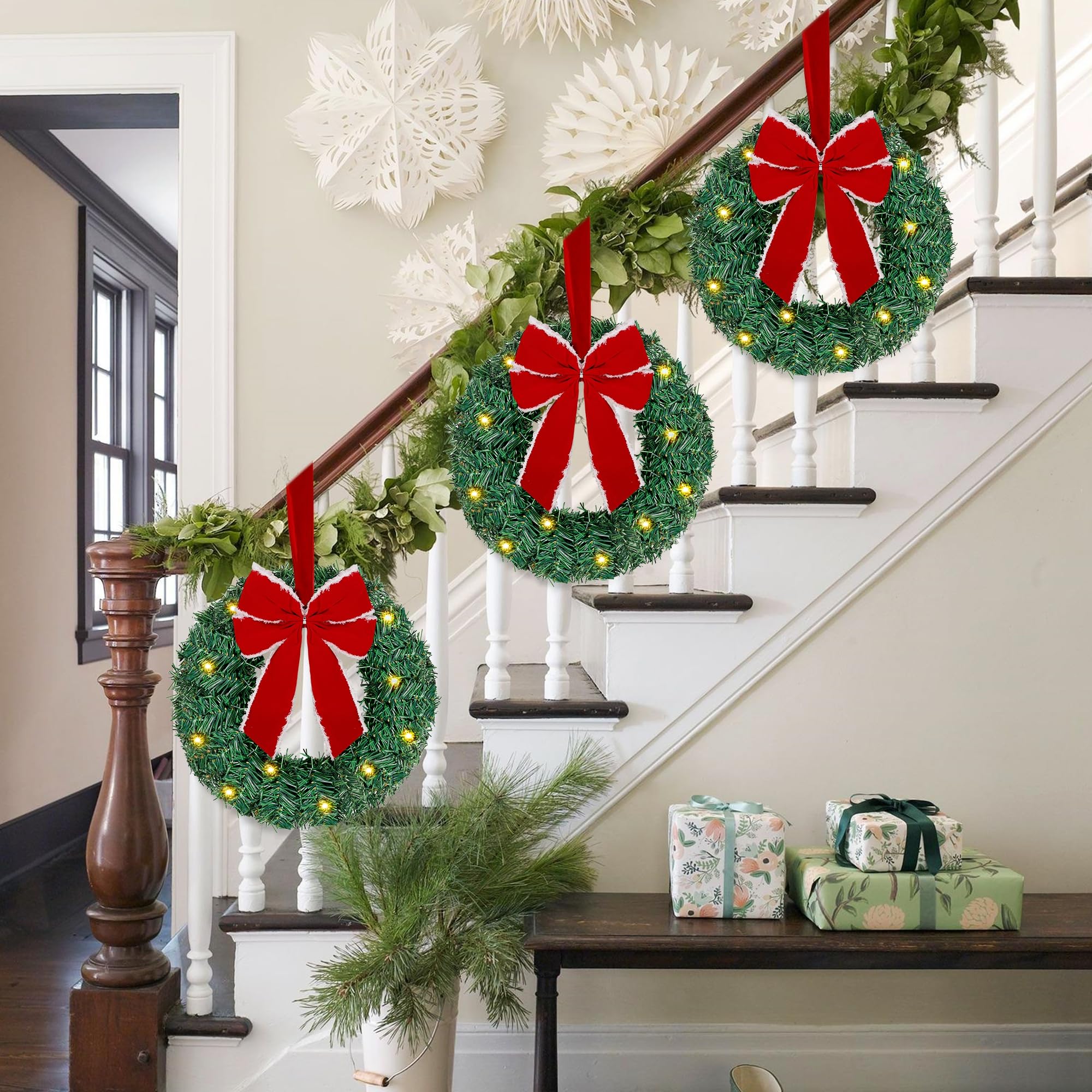 ATDAWN 3 Pack Mini Christmas Wreath, Lighted Christmas Front Door Wreath, Xmas Wreath for Holiday Christmas Party Decorations (Red Bow)