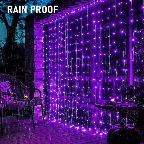 Dazzle Bright 300 LED Christmas Curtain String Lights - Waterproof Purple Fairy Lights with 8 Modes
