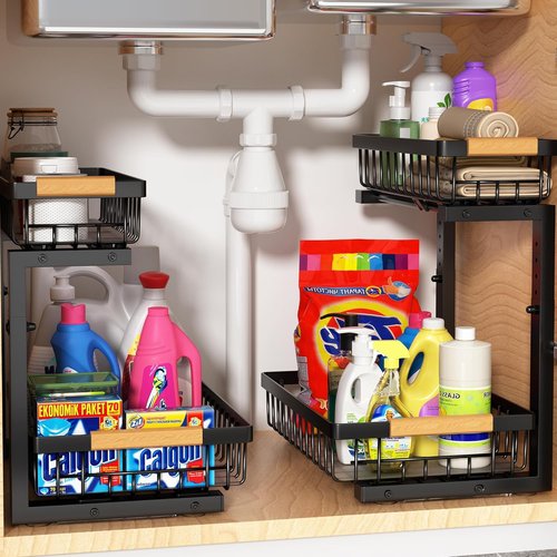 Liuoud Under Sink Organizer - 2 Pack Adjustable 2-Tier Storage Solution for Kitchen & Bathroom - Black