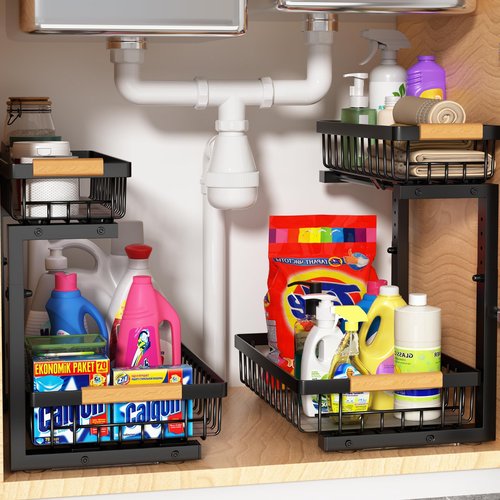 Liuoud Under Sink Organizer 2 Pack, 2 Tier Slide Out Large Capacity Height Adjustable Under Sink Organizers and Storage for Kitchen Bathroom Cabinet, Black