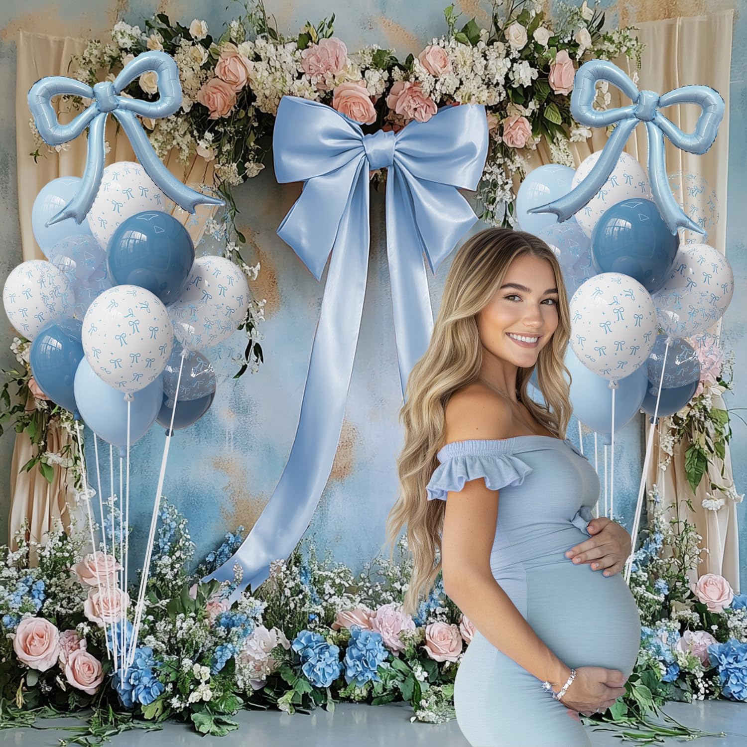 Skiennix 4Pcs Blue Bow Foil Balloons Set - Dusty Blue Mylar Balloons for Birthday & Baby Shower Decor