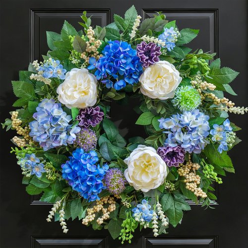 Pinkpuii 26 Inch Spring Wreaths for Front Door Outside– Large Artificial Summer Wreath with Blue Hydrangea, White Peony Flowers and Eucalyptus Leaves– Indoor Outdoor Porch Farmhouse Home Wall Décor