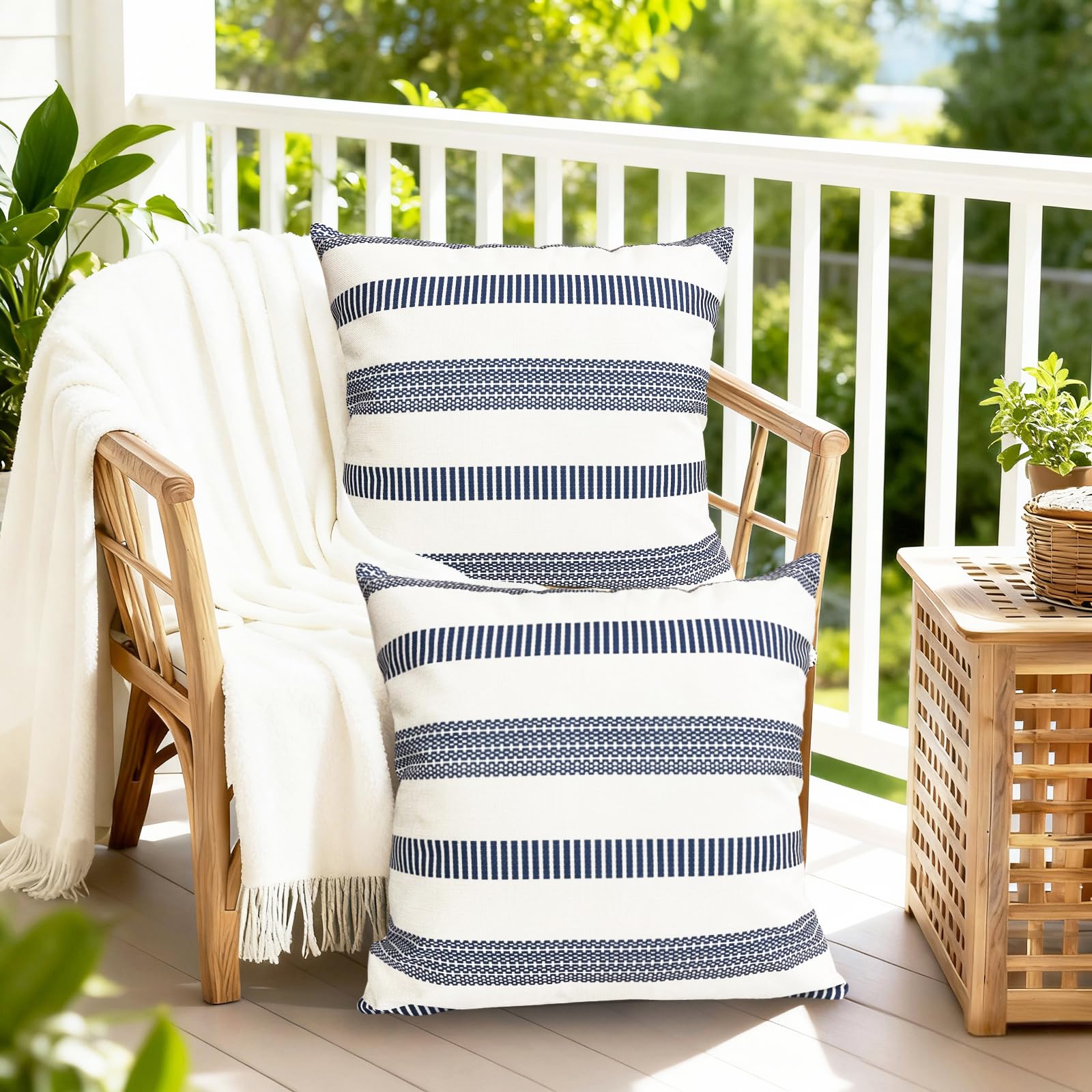 RYSMIYOU Decorative Throw Pillow Covers Set of 2 Blue Boho Striped Pillow Covers 18x18 Inch Throw Pillow Cover Linen Pillowcase Farmhouse Outdoor Pillow Covers for Couch Sofa Bed Living Room