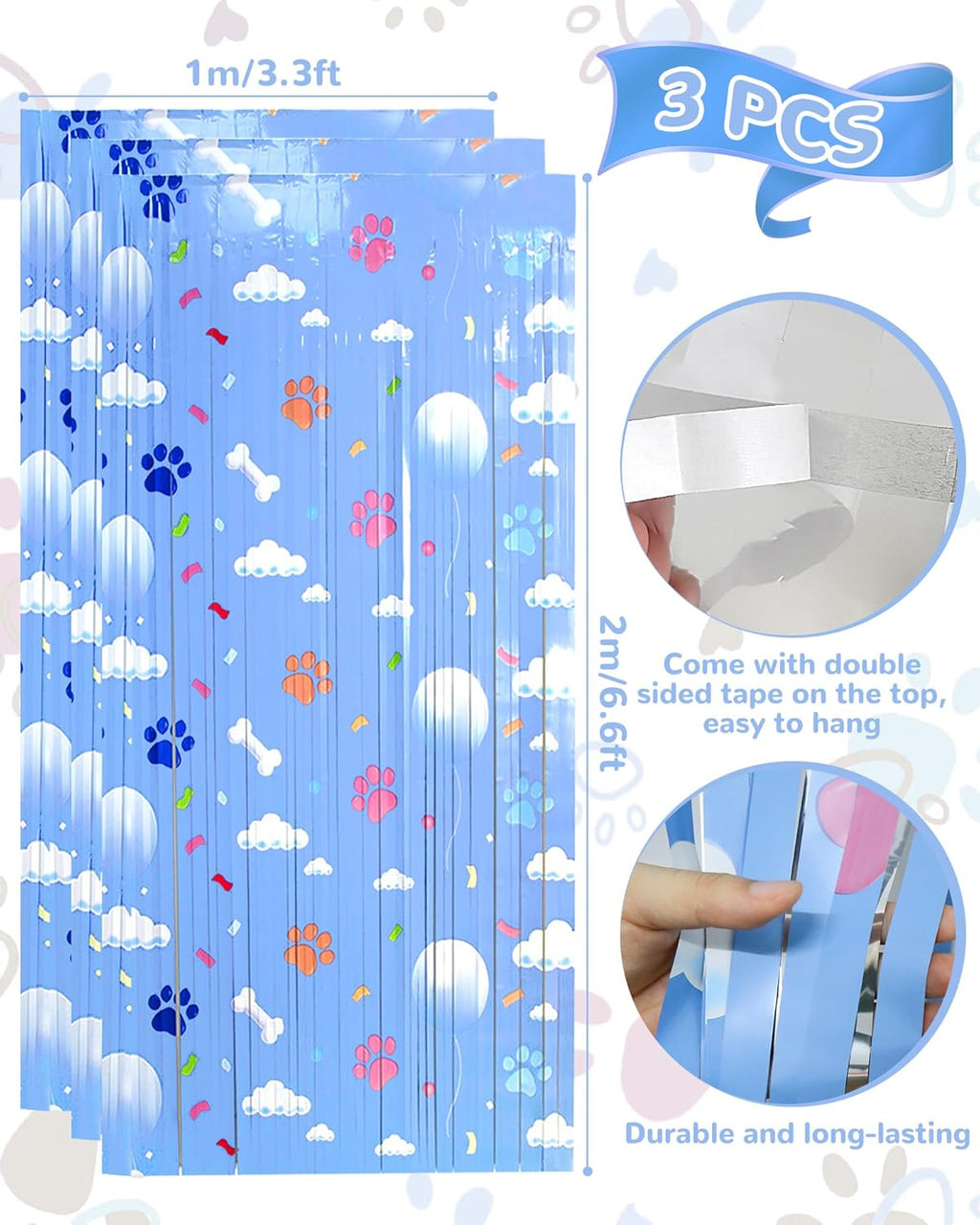 Paw Birthday Decorations - Blue Dog Theme Party Supplies | 3 Pack Tinsel Foil Fringe Curtains & Backdrop
