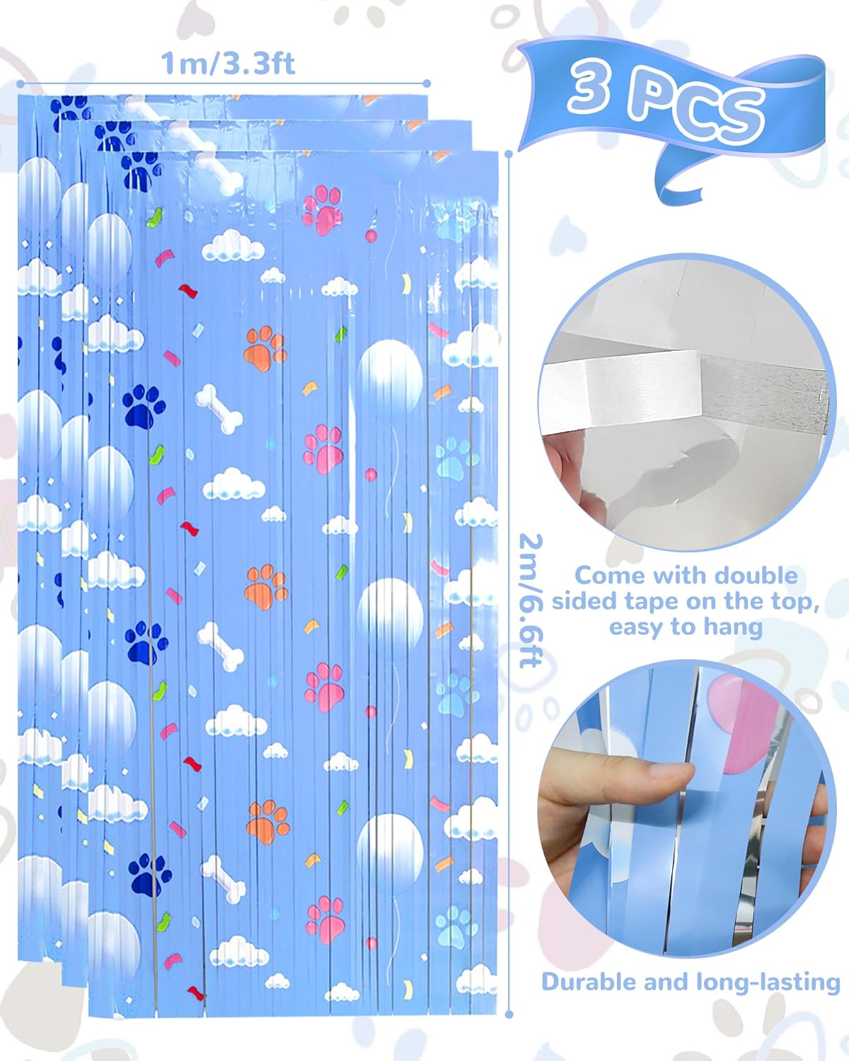 Paw Birthday Decorations - Blue Dog Theme Party Supplies | 3 Pack Tinsel Foil Fringe Curtains & Backdrop