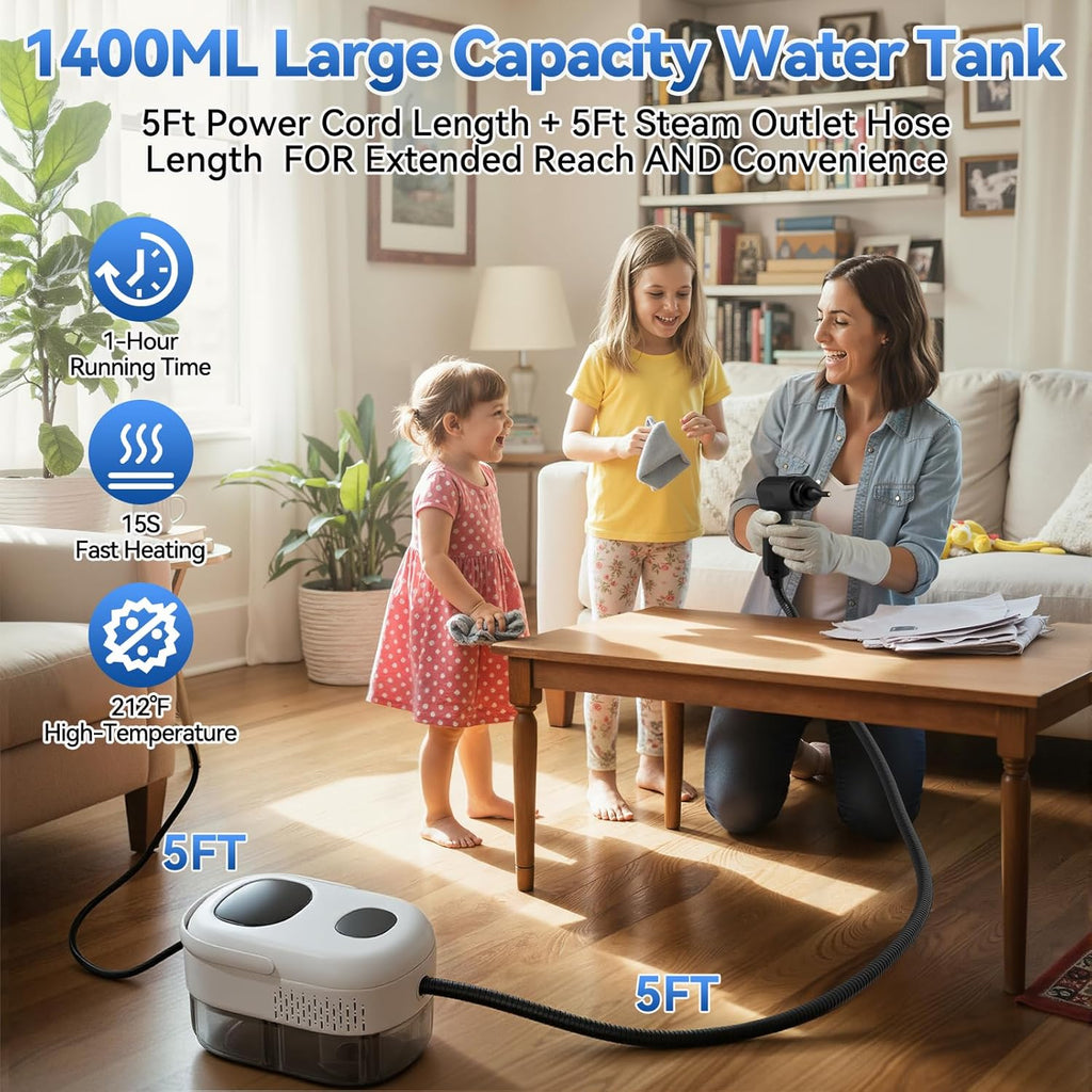 Skiennix Steam Cleaner - 2500W High-Pressure Steamer with 15s Fast Heat-Up & 1.4L Tank | 14 Accessories Included