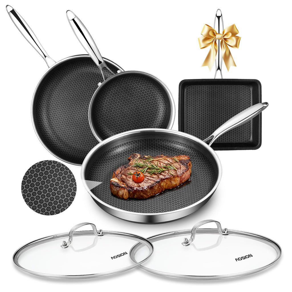AOSION Nonstick Frying Pans Set,Hybrid Skillets Set with Lid(8+10+9+12inch), Hybrid Stainless Steel Frying Pans Set of 3 for Cooking,PFAS/PFOA Free Cookware Sets,Induction Compatible.
