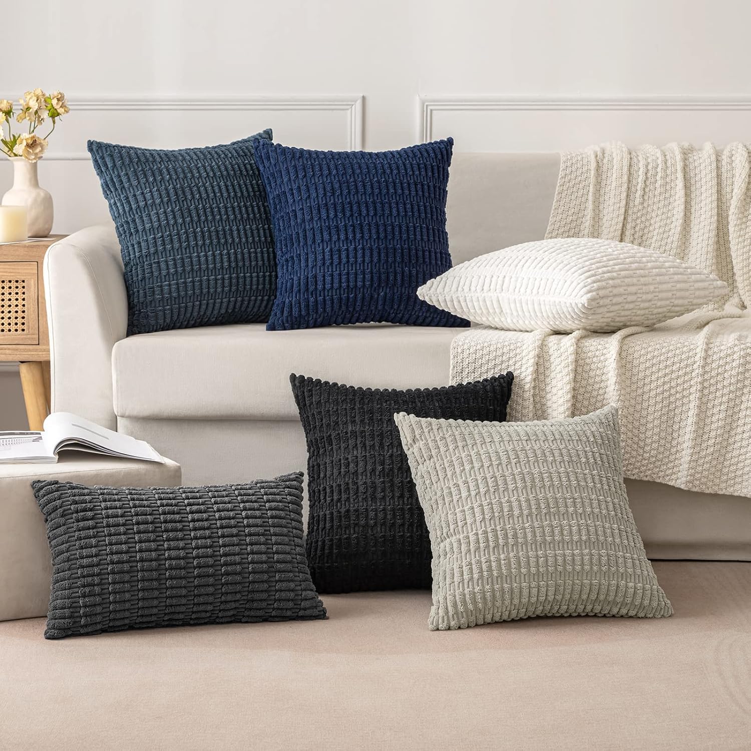 MIULEE Euro Sham Pillow Covers - Soft Corduroy Boho Striped Design | 24x24 Inch Pure White for Modern Home Decor