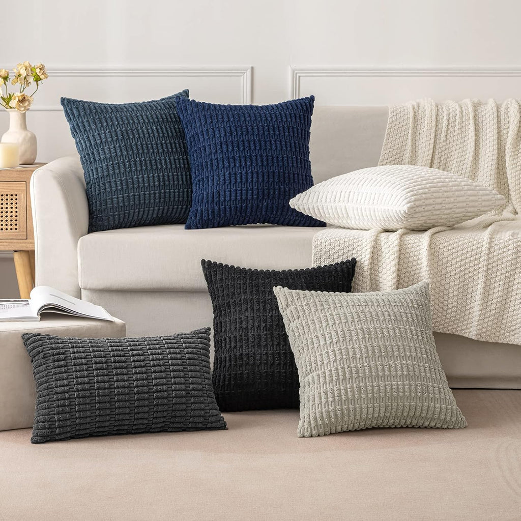 MIULEE Corduroy Throw Pillow Covers - Soft Boho Striped Design | 18x18 Inch | Modern Farmhouse Decor in Black