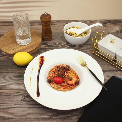 jinsongdafa Ceramics Rimmed Soup Bowls 8.6 oz, White 11 inch Exquisite small soup plate Set of 4, Pasta plates With Rim is the best choice for hotels, kitchens, fine restaurants and gourmets