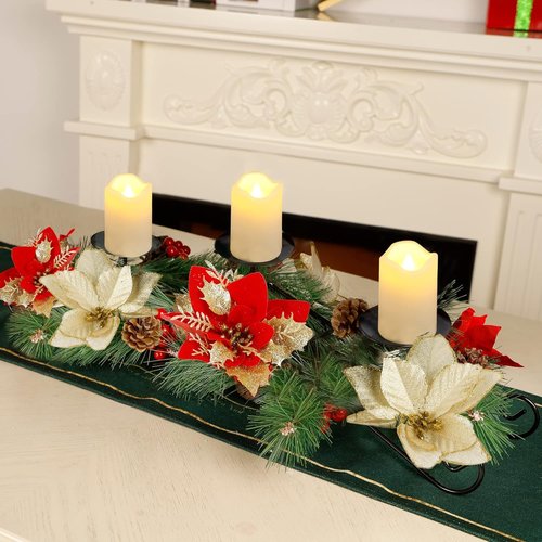 Joliyoou Christmas Tabletop Centerpiece - 17.5" Poinsettia Candle Holder with 3 Battery-Operated Lights