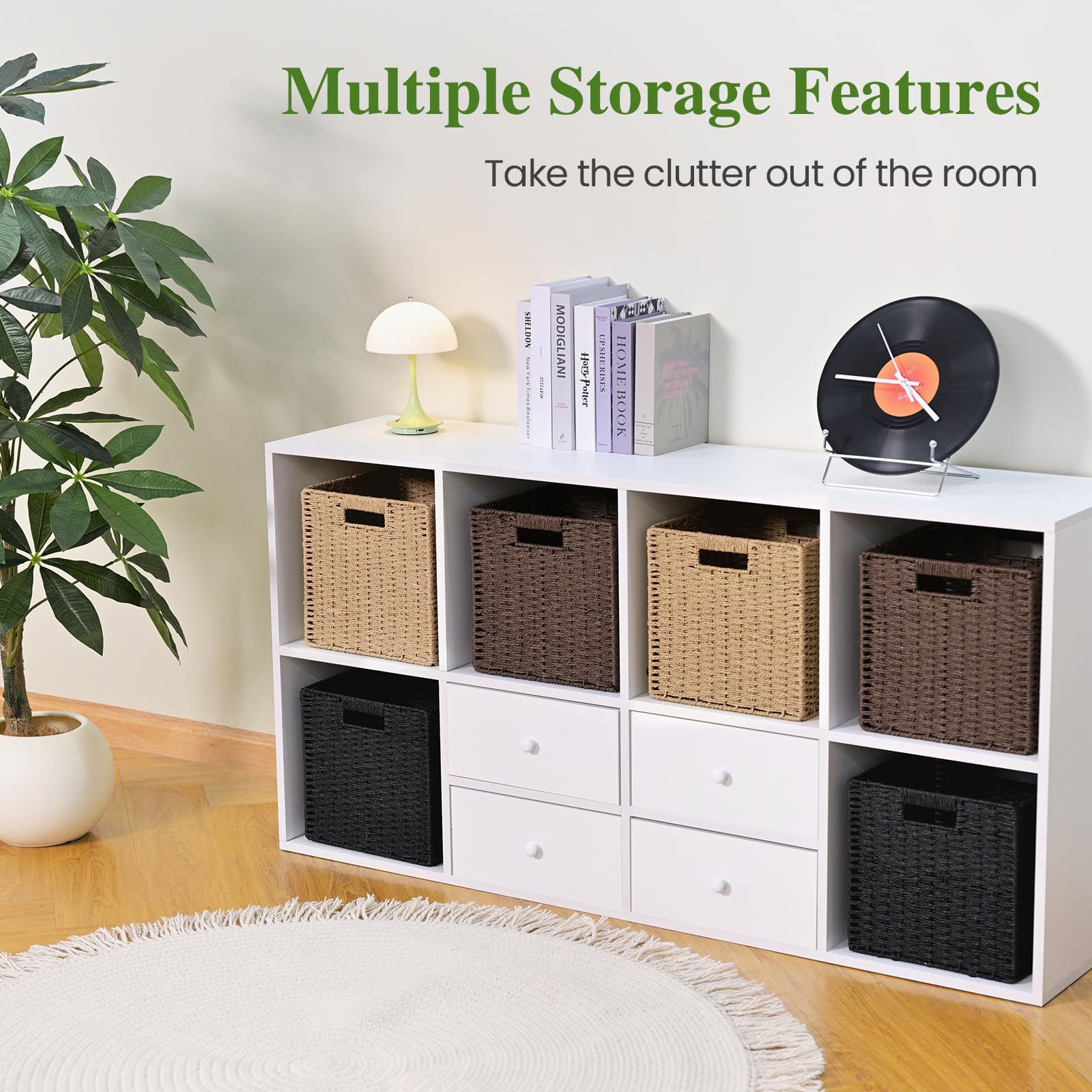 Woven Wicker Storage Baskets 2-Pack, 11x11 Handwoven Paper Rope Organizer Bins, Foldable Cube Storage Cubes with Built-in Handles for Shelves and Closet Organization(Classic Black)
