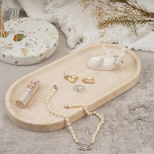 Koville Italian Travertine Tray - 12"x6" Decorative Marble Vanity Tray for Perfume & Jewelry