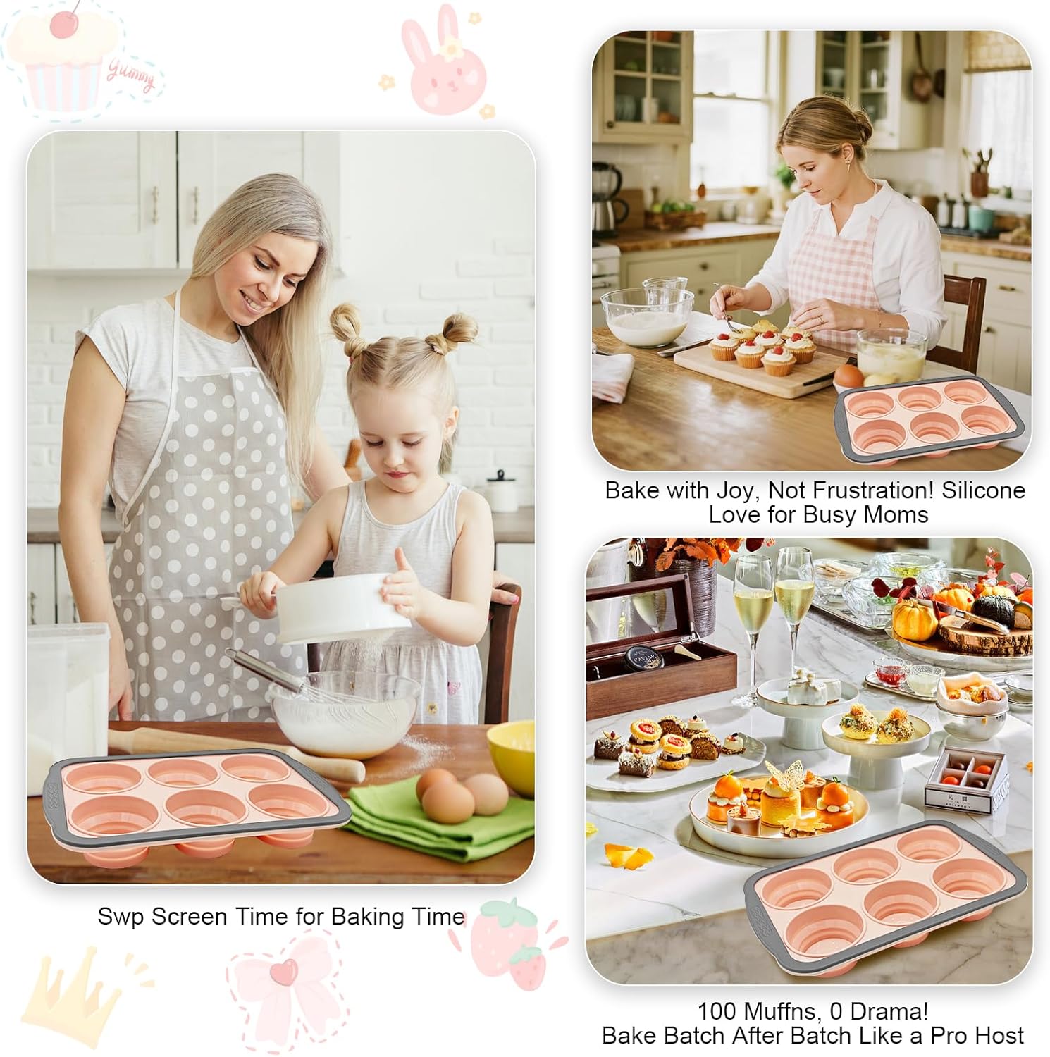 Skiennix Silicone Muffin Pans - Nonstick 6-Cup Baking Tray with Metal Frame | BPA-Free, Dishwasher Safe, Pink