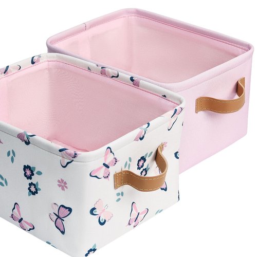 Fabric Storage Bins Cute for Nursery 8"x5.2"x10" - Collapsible Butterfly & Pink Kids Baskets with Handles 2 Pack, Hamper Fabric Bin, Toy Toddler Basket, Diaper Storage Bins, Baby Room Decor