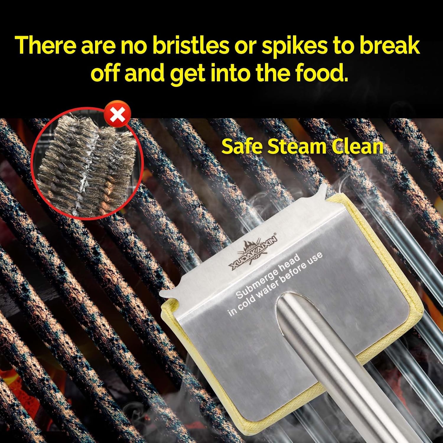 XUDAKAIXIN Grill Brush - Bristle-Free Aramid Fiber Pad for Seamless Fit on Cast Iron & Stainless Steel Grates | Safe BBQ Cleaner
