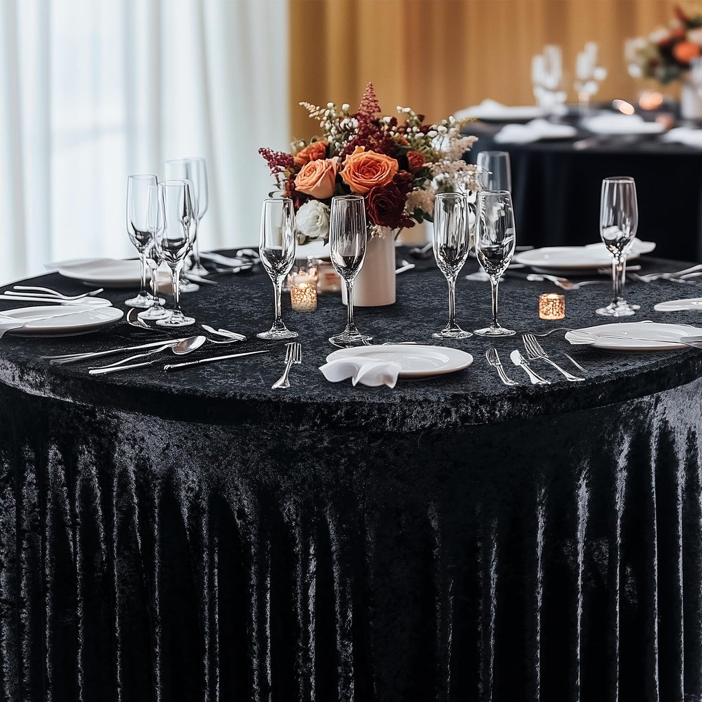 Outpain 2Pack 60 Inch Round Velvet Tablecloths - 120 Inch Stretch Spandex Table Cover with Floor-Length Skirt, Wrinkle-Free Luxury Elastic Table Cloths for Weddings,Banquets,Events (Black)