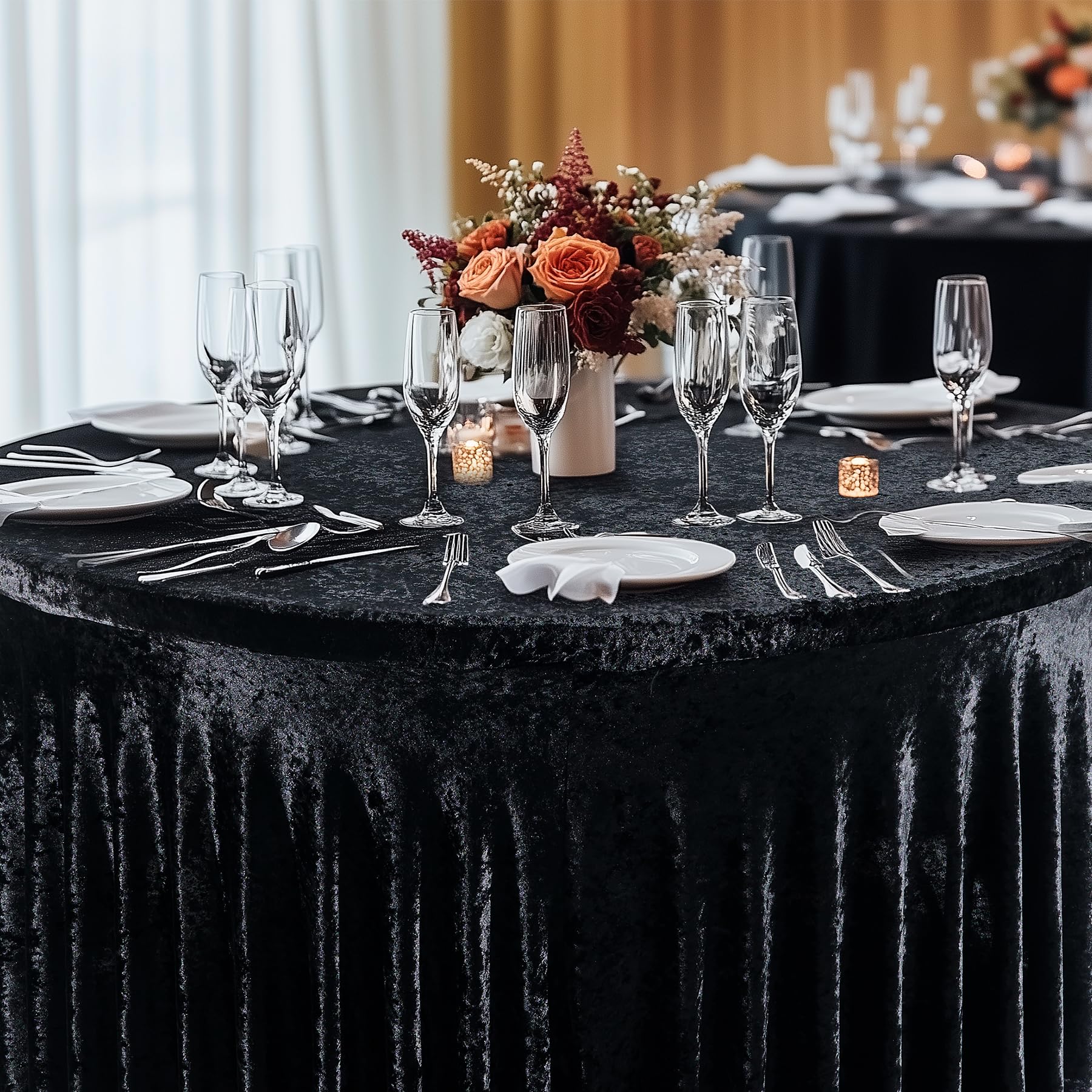 Outpain 4Pack 60 Inch Round Velvet Tablecloths - 120 Inch Stretch Spandex Table Cover with Floor-Length Skirt, Wrinkle-Free Luxury Elastic Table Cloths for Weddings,Banquets,Events (Black)
