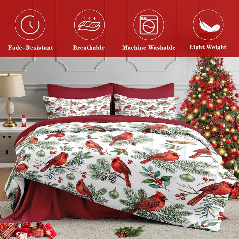 Queen Christmas Comforter Set with Sheets - 7 Pieces, Cardinal Variation