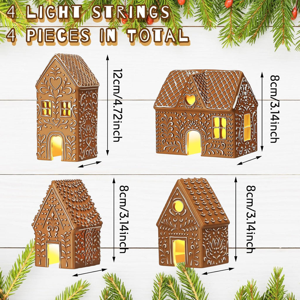 Thyle Christmas Gingerbread House Decoration Set - 4 Pcs LED Resin Village Figurines for Holiday Decor