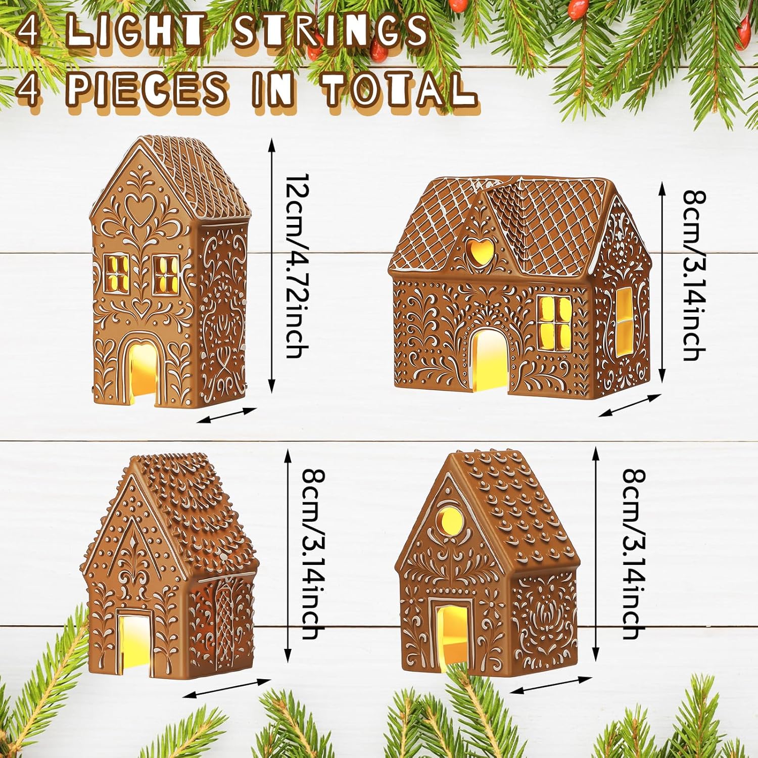 Thyle Christmas Gingerbread House Decoration Set - 4 Pcs LED Resin Village Figurines for Holiday Decor