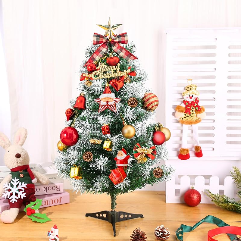 2Ft Green Tabletop Christmas Tree with Snow-Focked Tips & Plastic Stand - 24in Mini Xmas Pine