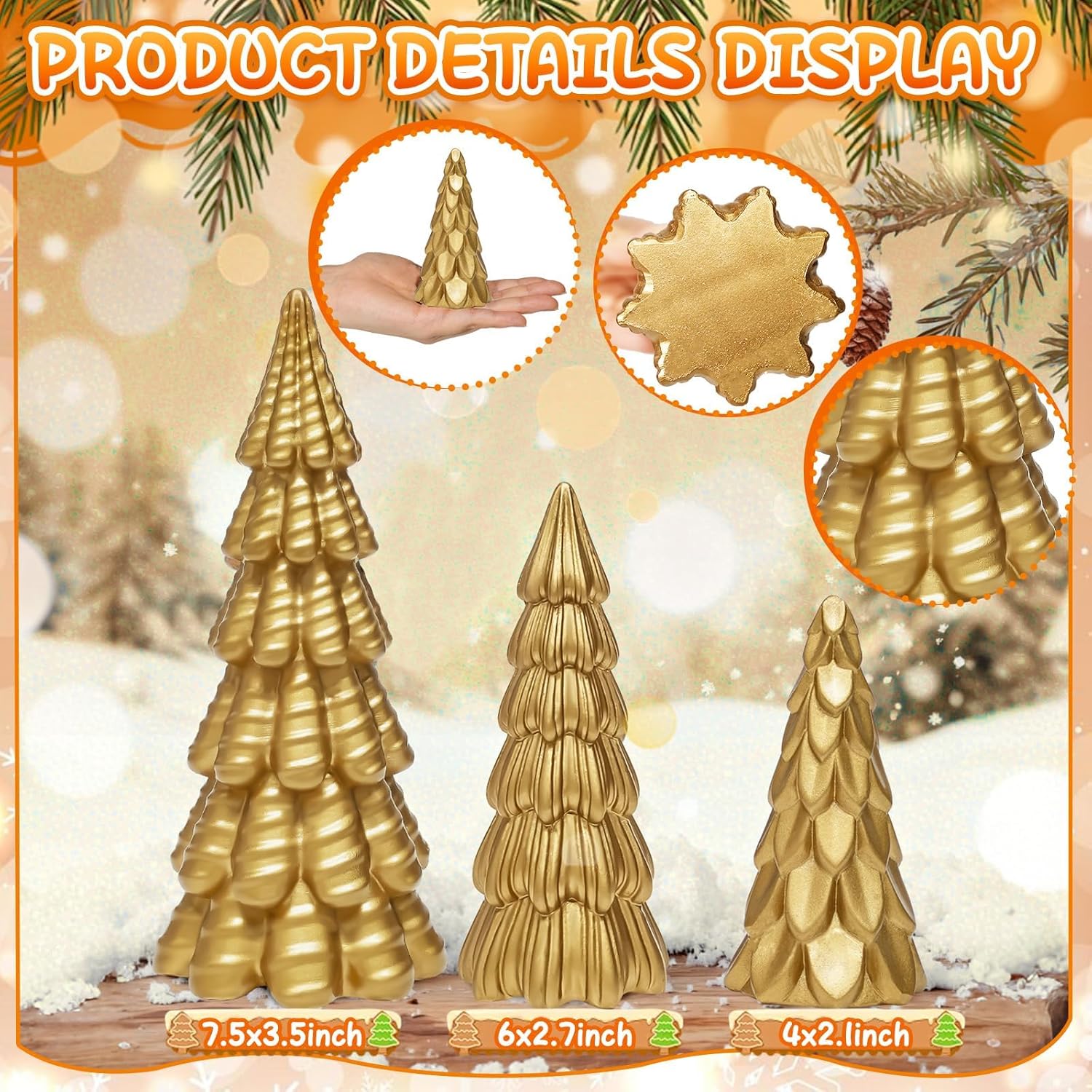 Warmtree Gold Christmas Tree Figurines Set - 3 Pcs Small Resin Tabletop Decor for Indoor Holiday Home Styling
