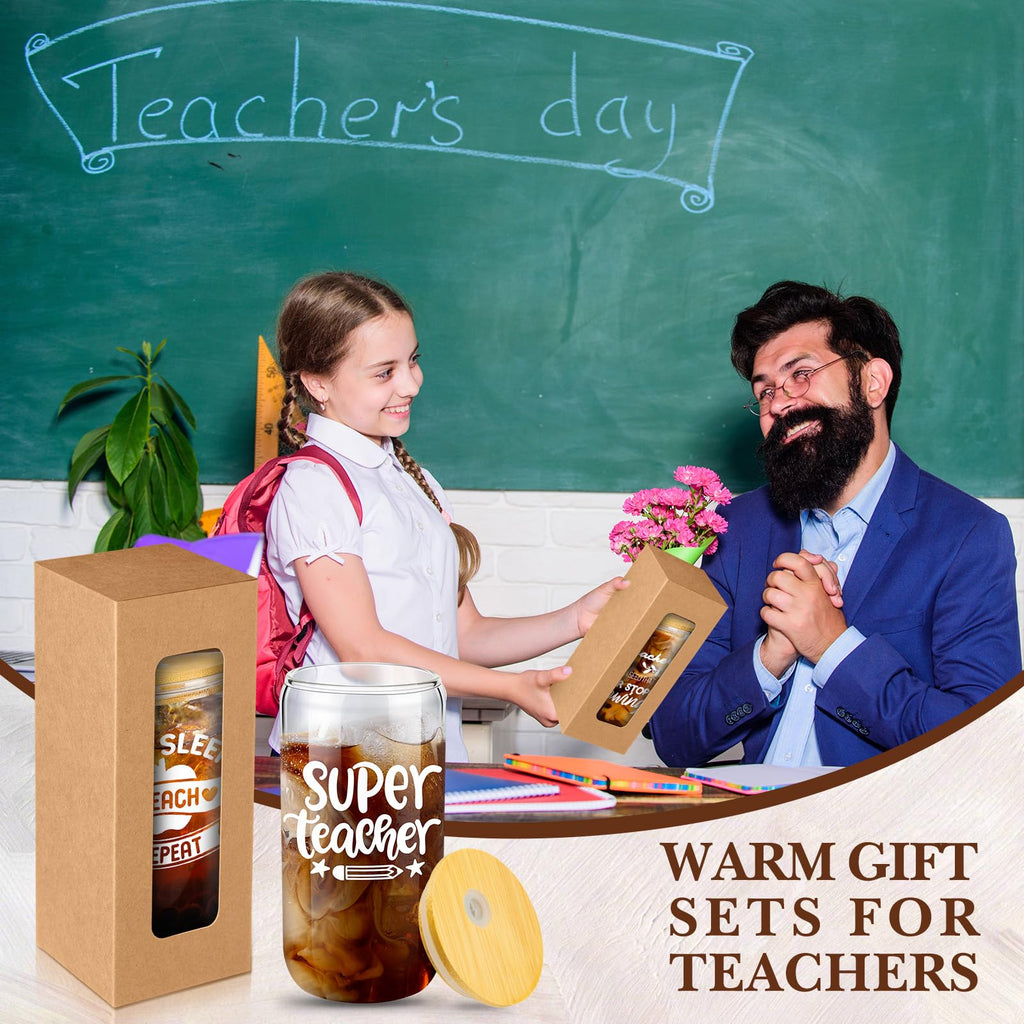 Pickmesh 16 Sets Teacher Week Employee Gifts for Teacher Appreciation Graduation Gifts Bulk Week Cups Thank You Cup 16 oz Glass Cups with Lid Straw and Gift Boxes(Classic)
