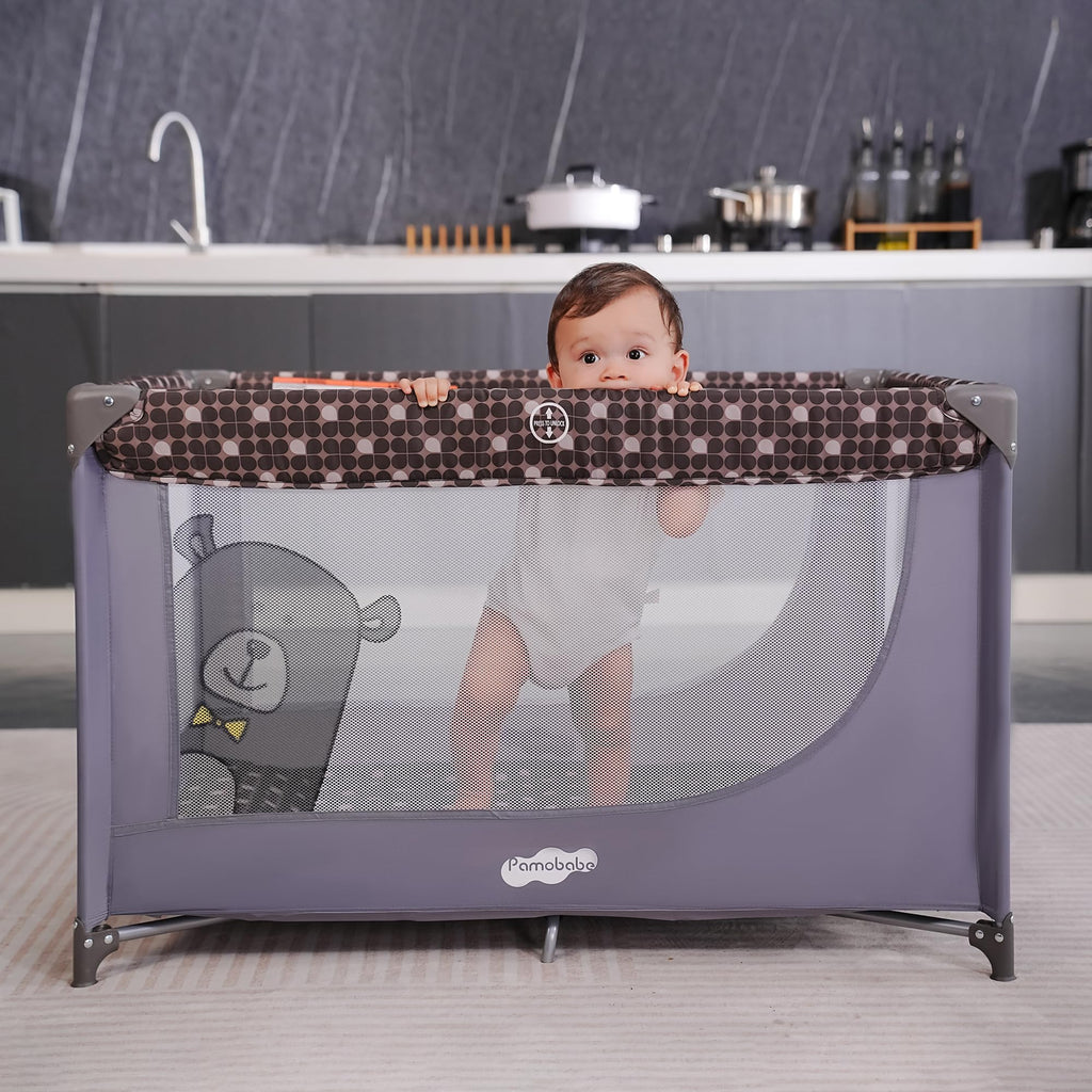 Pamo Babe Compact Pack and Play - Portable Crib for Baby, Lightweight Foldable Travel Playard with Mattress Pad & Carry Bag, Safe Breathable Travel Bed for Home, Trips & Family Visits, Cute Pattern
