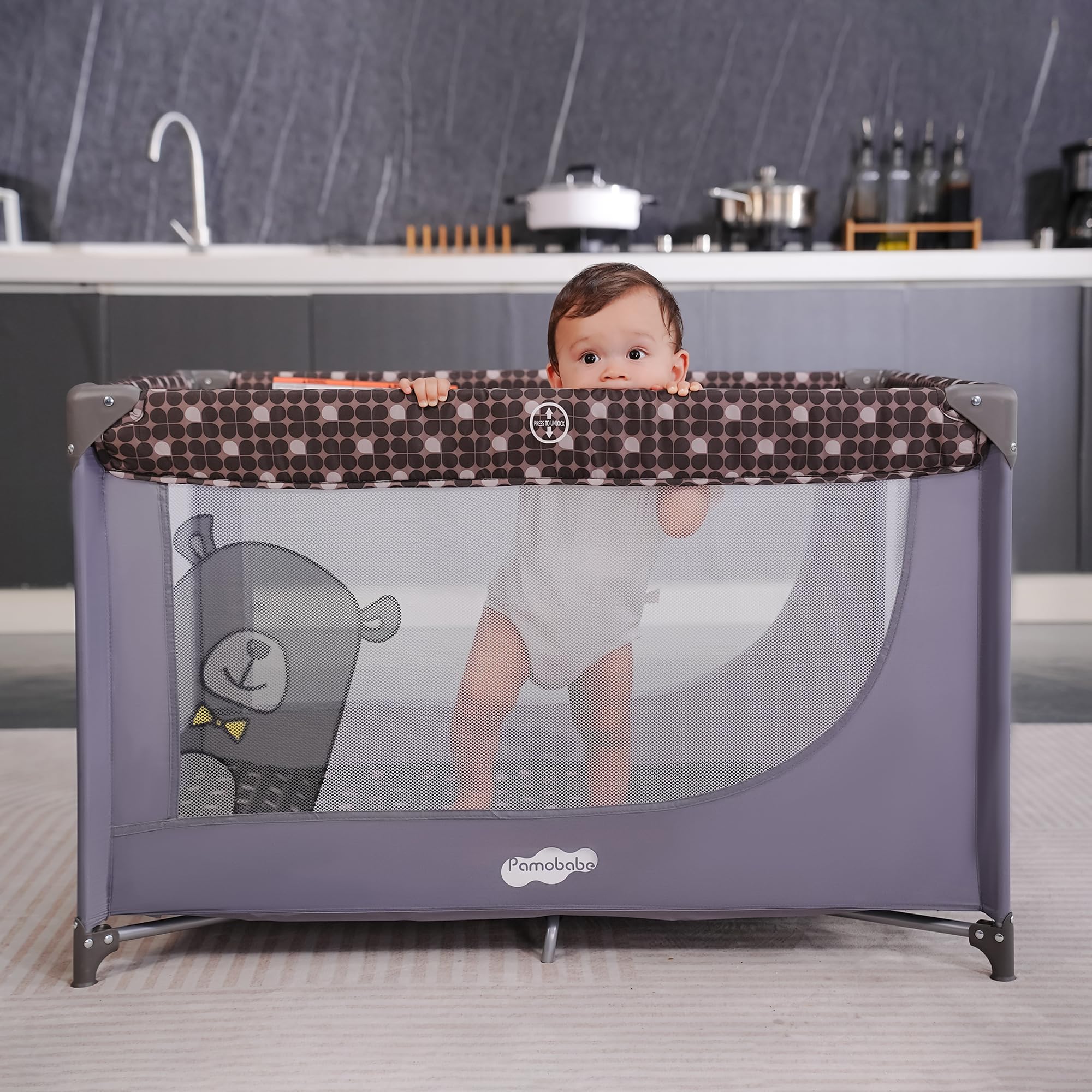 Pamo Babe Compact Pack and Play - Portable Crib for Baby, Lightweight Foldable Travel Playard with Mattress Pad & Carry Bag, Safe Breathable Travel Bed for Home, Trips & Family Visits, Cute Pattern