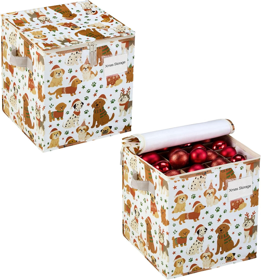 VENO Christmas Ornament Storage Box - 2 Pack with Adjustable Dividers & Zippered Top | Holds 64 Ornaments, 3 Inch Cube Compartments (Holiday Pups)