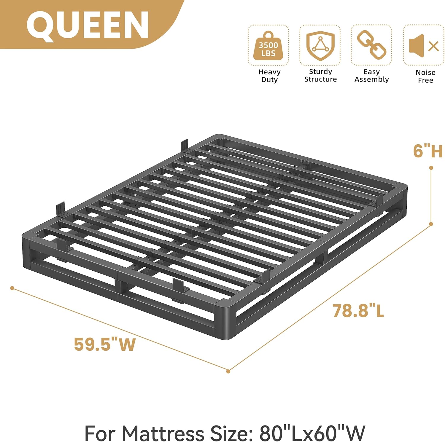Skiennix 6-Inch Queen Bed Frame - Squeak-Free U-Slot Design with Heavy-Duty Steel Support | Black