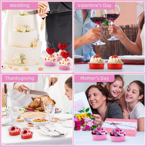 STN Mini Heart Shaped Cake Pans 100 ml/ 3.4 Ounces Heart Aluminum Foil Cupcake Pans 50pcs Valentine's Day Baking Cups With Lids Spoon for Valentine Mother's Day Birthday Wedding (Pink)