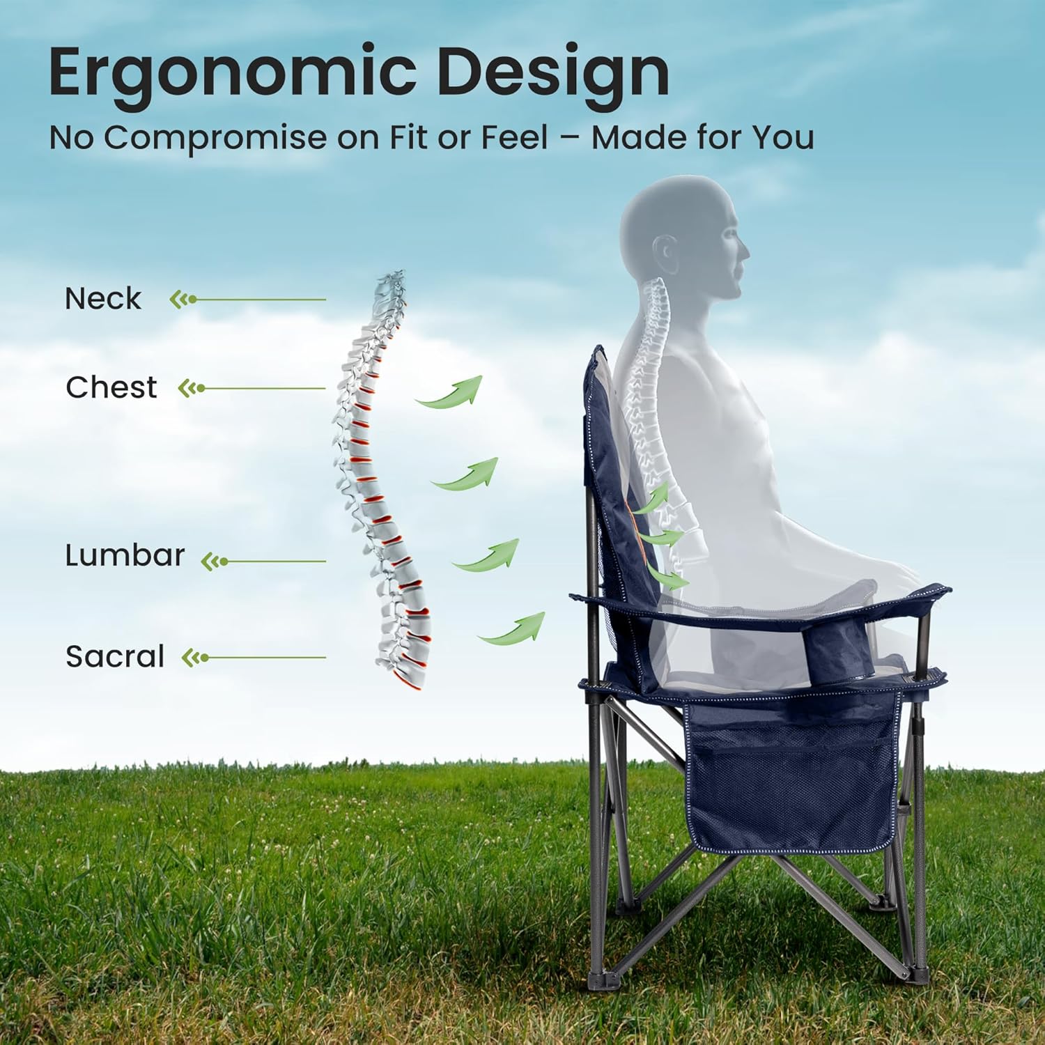 Skiennix Oversized Camping Chair - Heavy Duty Portable Folding Chair with Cup Holder & Waterproof Phone Case - Blue & Gray, XL