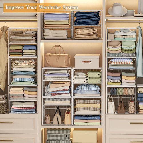 Huxitocan 4-Tier Stackable Closet Organizers and Storage Shelves, Closet Storage Basket with Wood Tops, Adjustable Height Dividers Closet Storage Bins for Home Closet Organizer System, White